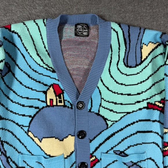 Steady Hands Fishy in the Sea Cardigan Sweater Blue Knit Womens Size M/L - Picture 2 of 10
